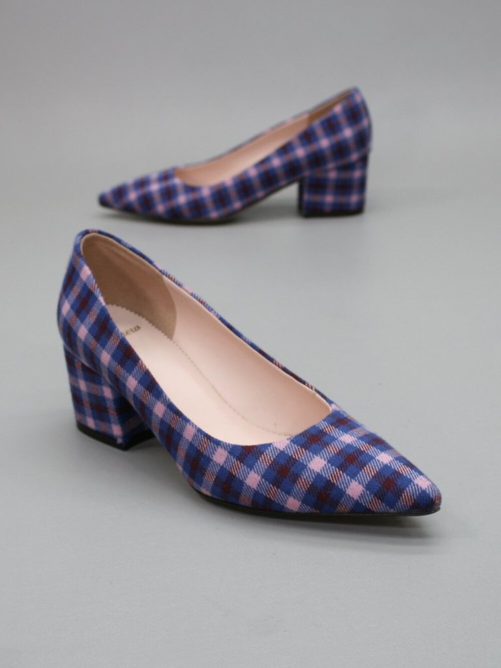 J Crew Ladies 6 Laney Pointed-toe Block Heels Blue Red Plaid Textile Pumps Shoes